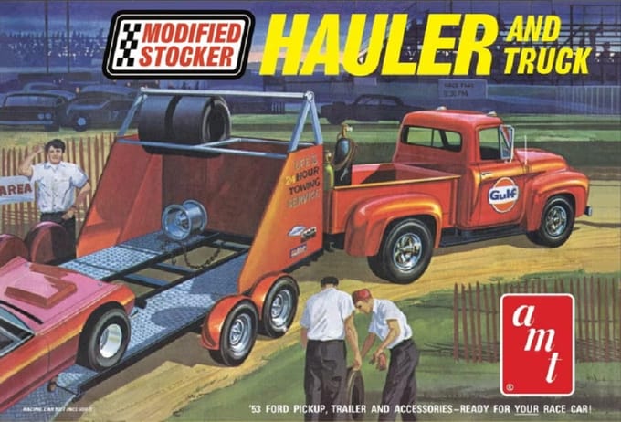 AMT Modelbouwpakket Auto - 1310 1953 Ford Pickup - Modified Stocker Hauler and truck - Gulf Plastic - 1:25 - Modelbouw