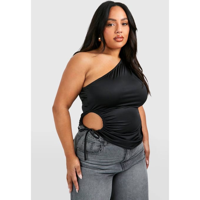 boohoo Dames Plus Asymmetric Cut Out Ruched Top | Zwart | Maat: 48