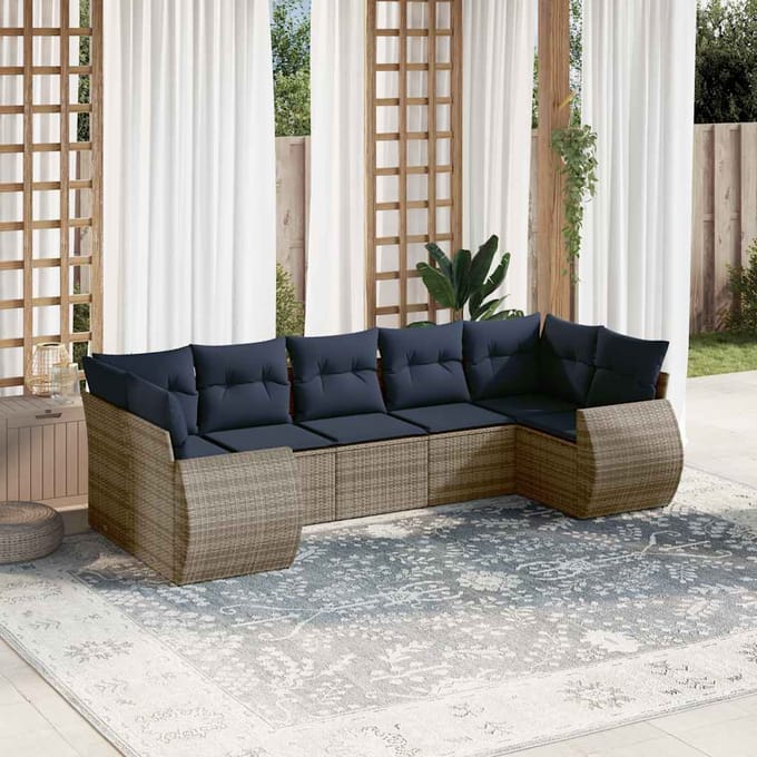 vidaXL - 7-delige - tuinbankset - met - kussens, - grijs - polyrotan