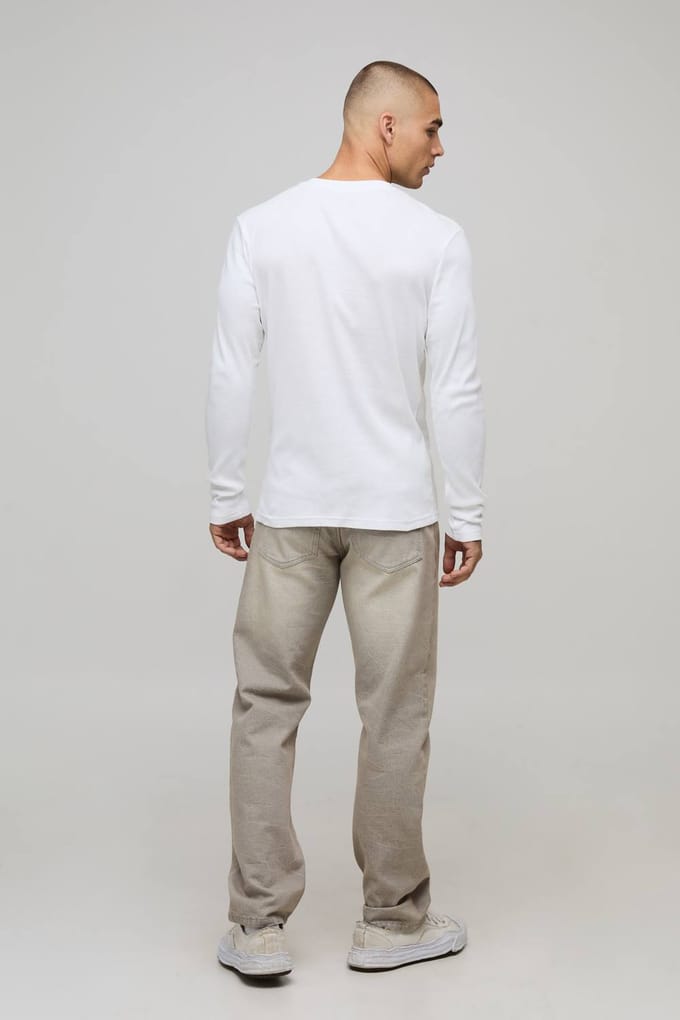 Muscle Fit geribbeld Henley T-shirt met Henley-hals | White | Size XL