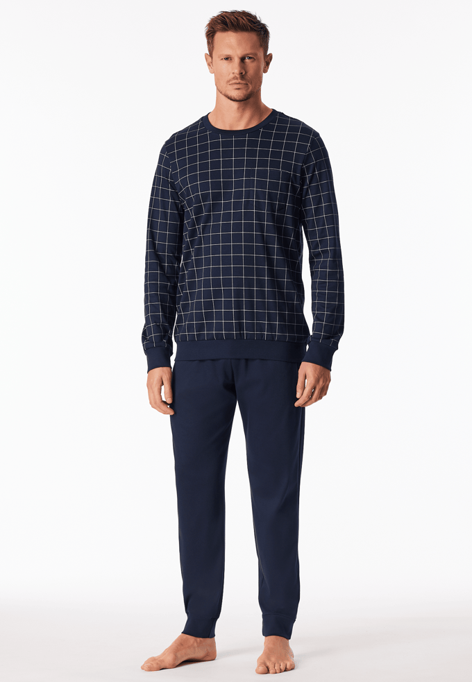 Lange pyjama van interlock met manchetten, nachtblauw geruit - Fine Interlock 48