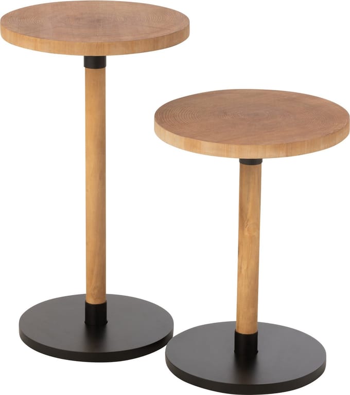 J-Line bijzettafel Ron - dennenhout - naturel/zwart - 2 stuks