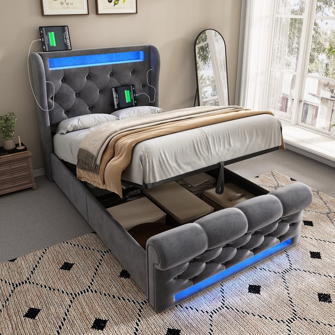 MODFU Bedframe 90x200 cm – Grijs fluweel met LED & USB/Type-C – Hydraulisch – Incl. matras