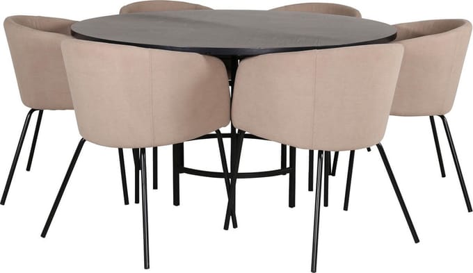 Copenhagen eethoek eetkamertafel bruin en 6 Berit eetkamerstal beige.