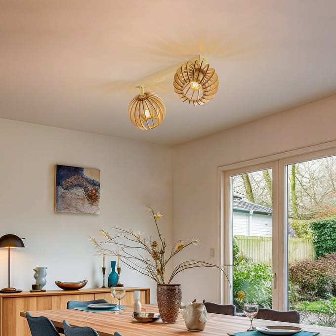 Argon Plafondlamp Paz wit houten lamellen-bollen, 2-lamps.