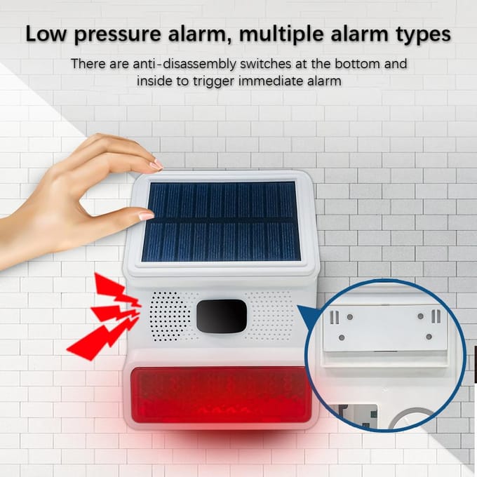 Solar Sound Stroboscoopalarm met 5 afstandsbedieningen Infraroodinductie Anti-interferentie IP65 16.4x12.4x5.9cm wit