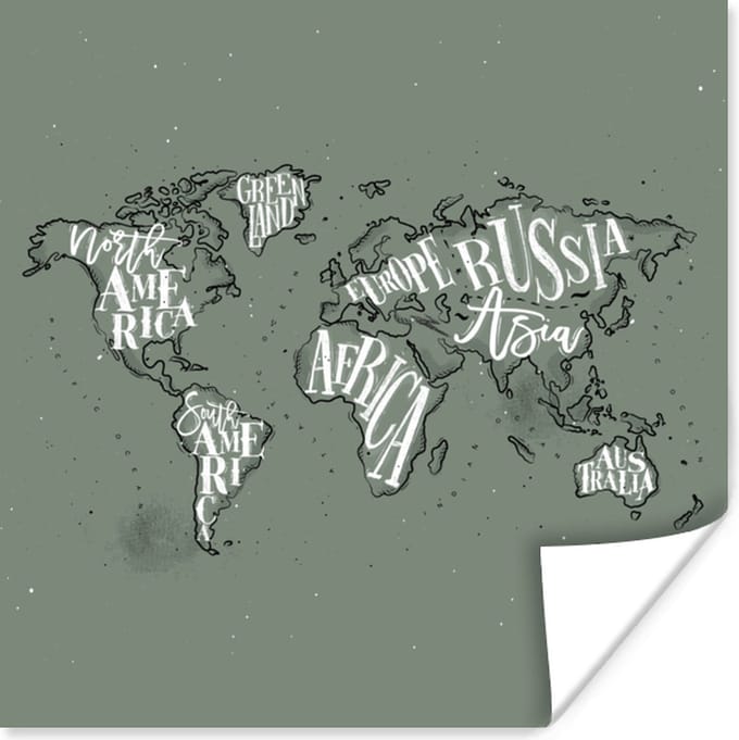 Muurdecoratie - Wereldkaart - Grijs - Wit - Letters - 50x50 cm - Poster