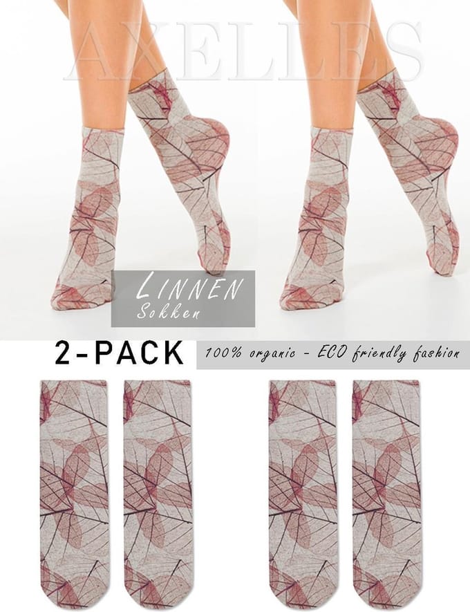 Linnen sokken floraal patroon (ECO), 2-PAAR beige, maat 36/39.