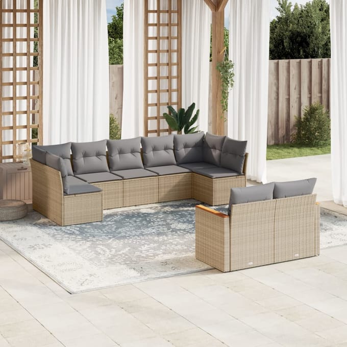 vidaXL - 9-delige - Loungeset - met - kussens - poly - rattan - gemengd - beige