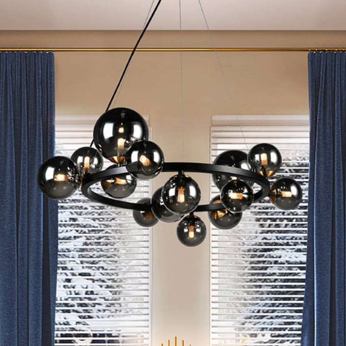 Schuller Valencia Hanglamp Astros, 14-lichts, zwart, glas rookgrijs