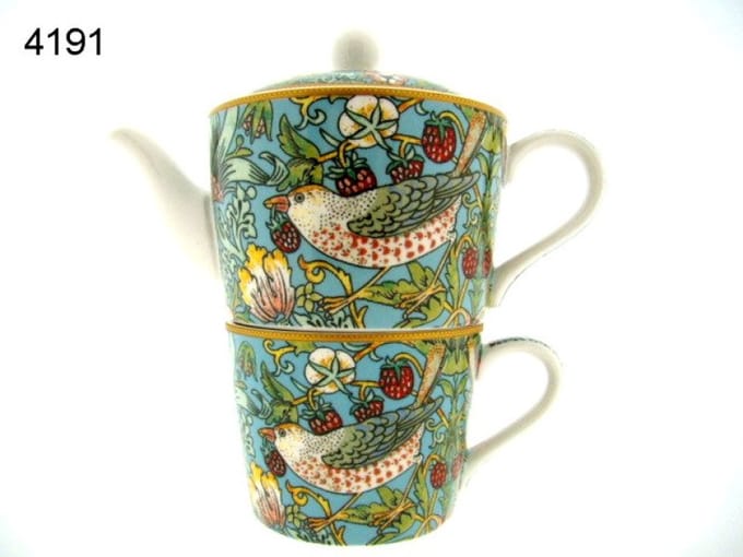 Lesser & Pavey Strawberry Thief tea for one set William Morris porselein