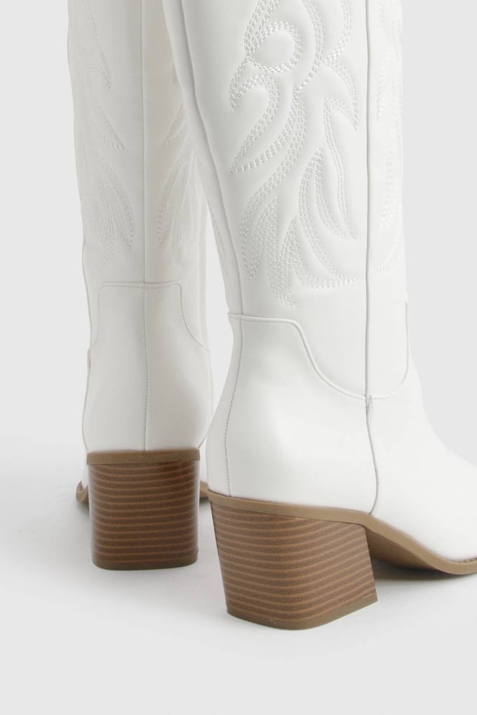 boohoo Dames Wijde Pasvorm Geborduurd Western Cowboylaarzen | Wit | Maat: 41
