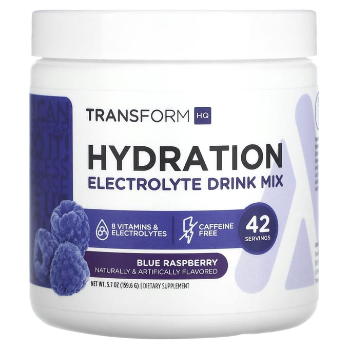TransformHQ, Hydratation, Mélange pour boisson électrolytique, Sans caféine, Framboise bleue, 5,7 oz (159.6 g)