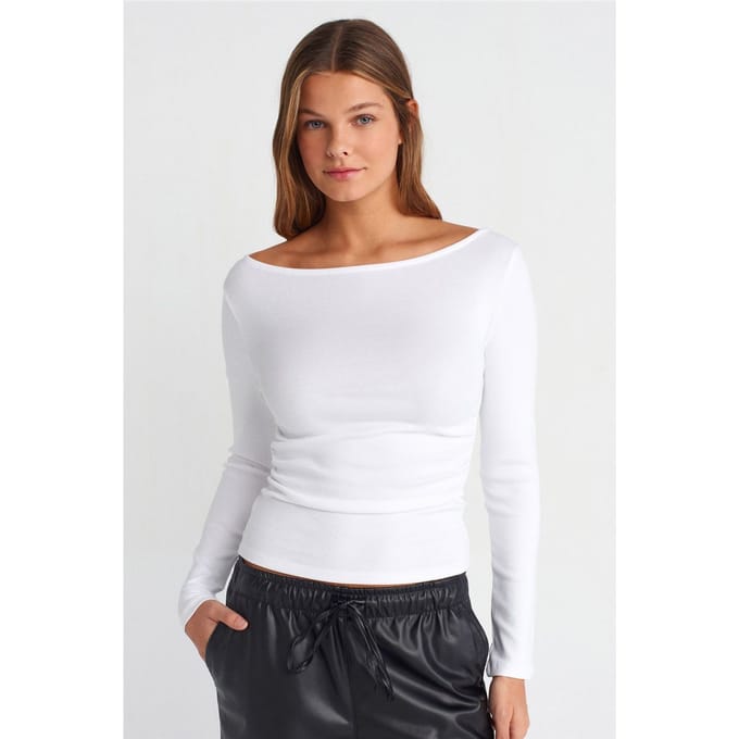 Slim Fit Geribbelde Bootneck Blouse