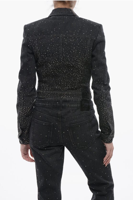 Cropped Fit BLING Denim Jack met Strass in Zwart