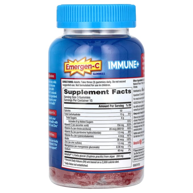 Emergen-C, Immune+ Vitamine C + Vitamine D, zinkgummies, framboos, 45 gummies