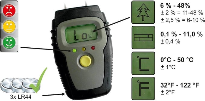 Digitale vochtmeter voor haardhout / hout / bouwmaterialen