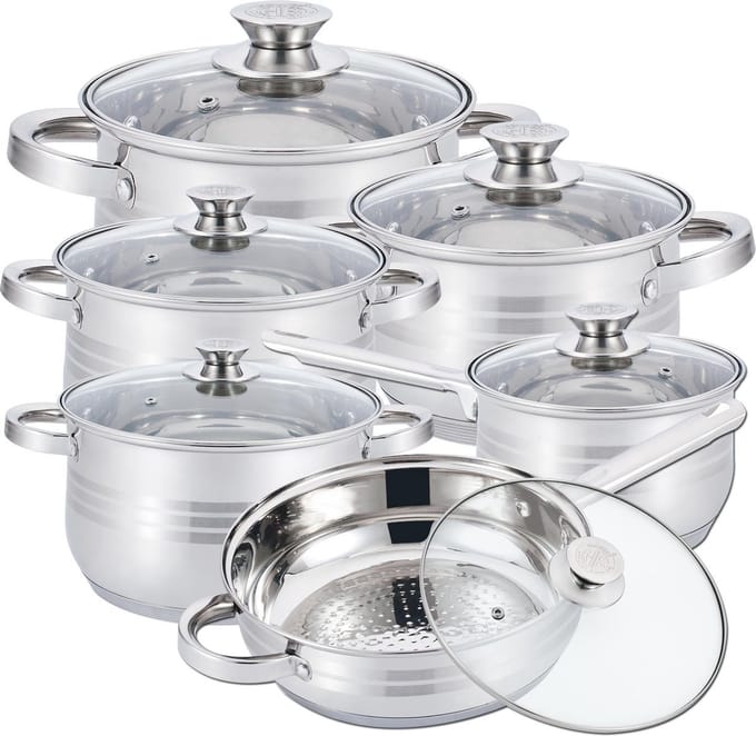 Pannenset met Glazen Deksel - 12-delig - RVS - Inductie - Zilver