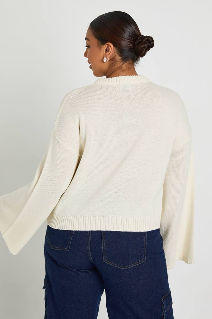 boohoo Dames PLUS RONDEKAARSGEBREIDE TRUI | Creme | Maat: 44