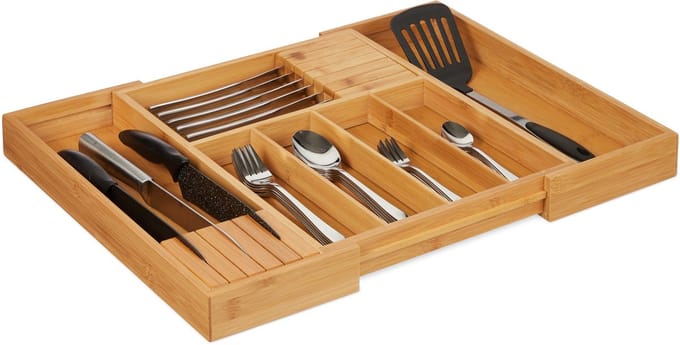bestekbak bamboe - uitschuifbaar - 33 - 56 cm breed - met 5 - 7 vakken