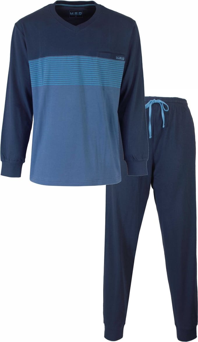 MEQ Heren Pyjama - Gestreept Dessin - V Hals - Donker Blauw - Maat M