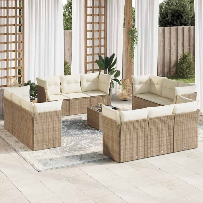 vidaXL - 13-delige - Loungeset - met - kussens - poly - rattan - beige
