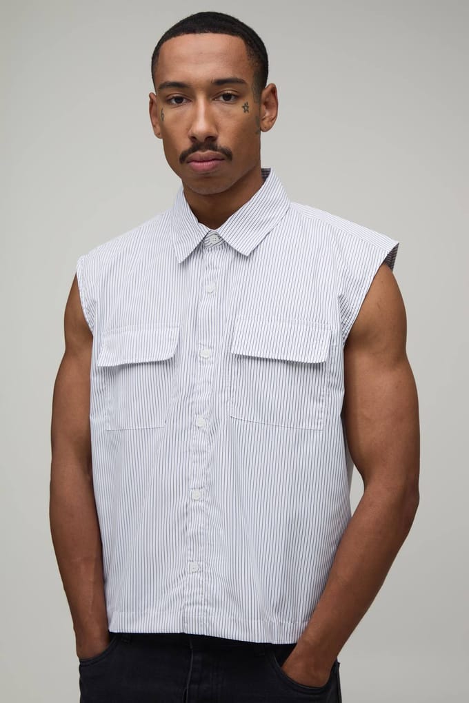 Oversized Boxy Gestreept Mouwloos Shirt | White | Size Medium