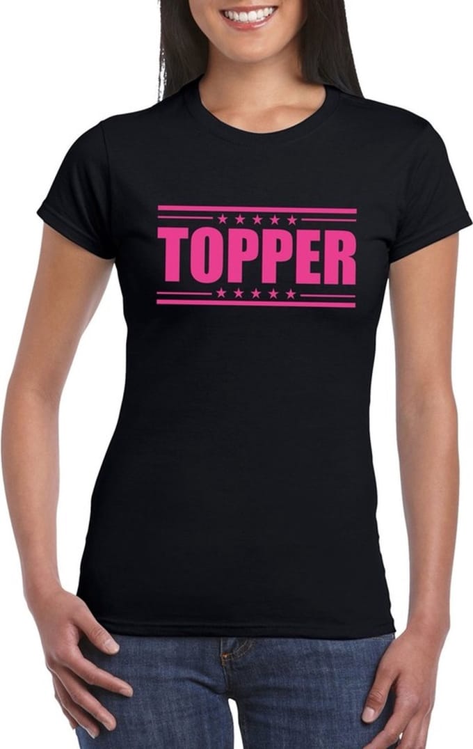 Topper t-shirt zwart met roze bedrukking dames M