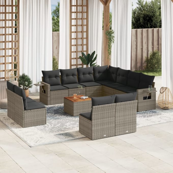 vidaXL - 12-delige - Loungeset - met - kussens - poly - rattan - grijs
