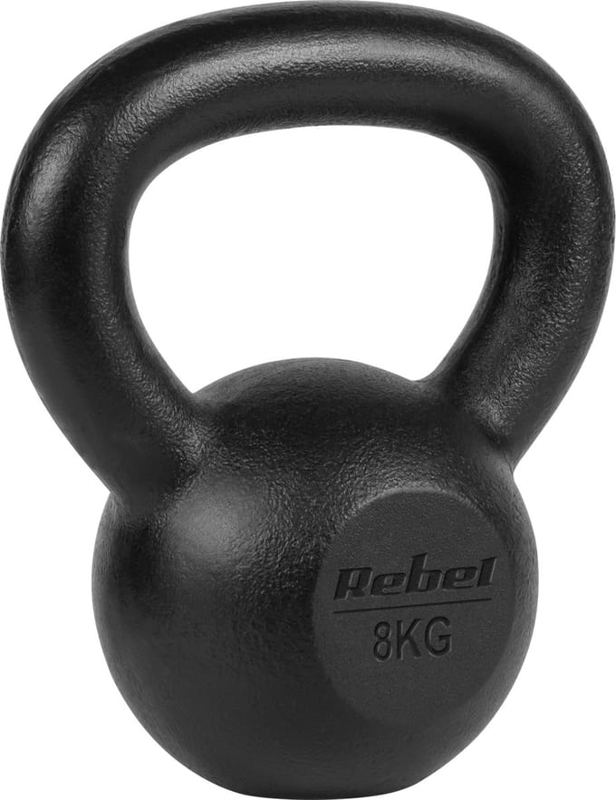 Rebel Active Serie - Gietijzeren Kettlebell - 8kg - Ergonomische Handgreep - Zwart