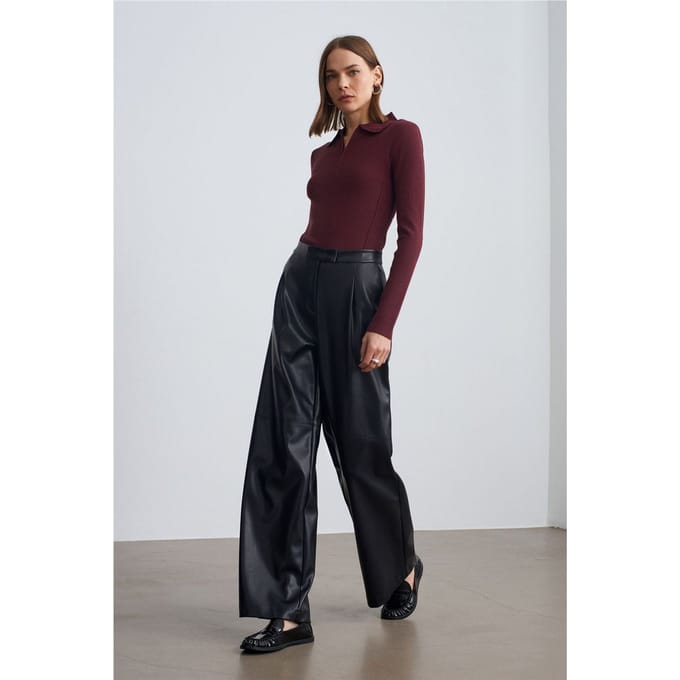 Hoge taille brede faux leren broek