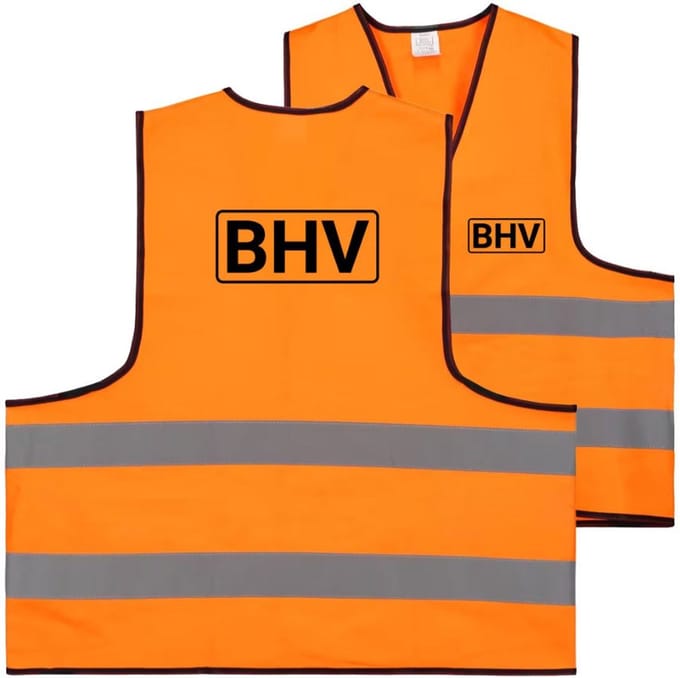 BHV hesje oranje | reflecterend oranje vest met opdruk BHV op voor- en achterkant | onesize maat | 100% polyester materiaal