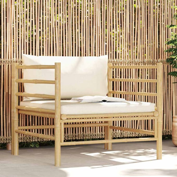 vidaXL - Tuinbank - met - crèmewitte - kussens - bamboe