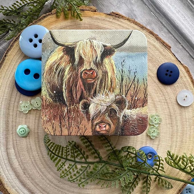 Alex Clark Square Tin Highland Cows ~ Vierkant opbergblikje hooglander