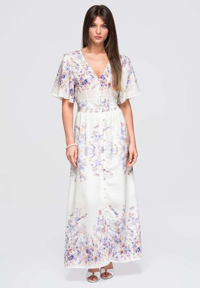 LARICA Jurk - Korte Mouw - Knopen - Gebloemd Blauw S/M