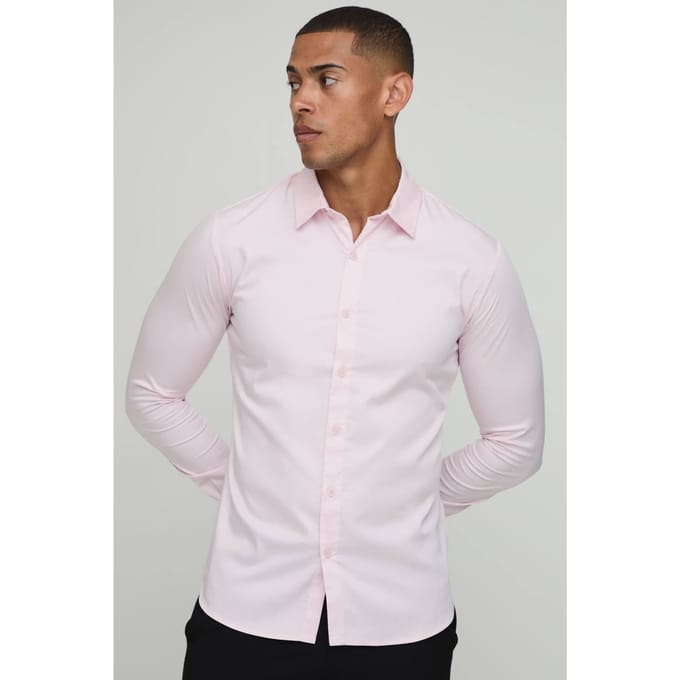 Stretch Fit Shirt met Lange Mouwen | Light Pink | Size XL