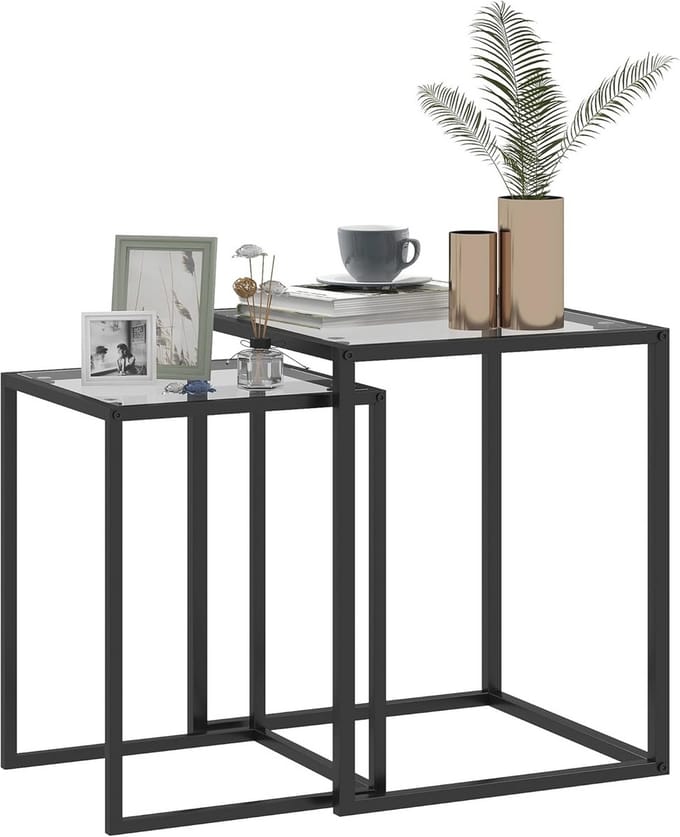 Set van 2 Nesttafels met Gehard Glazen Blad en Stalen Frame - Ruimtebesparend