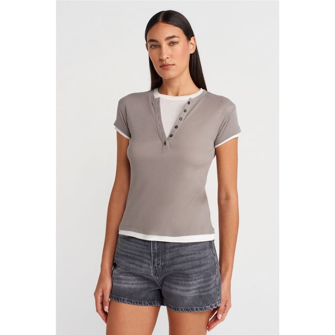 Dames Katoenen V-Hals Knop T-Shirt