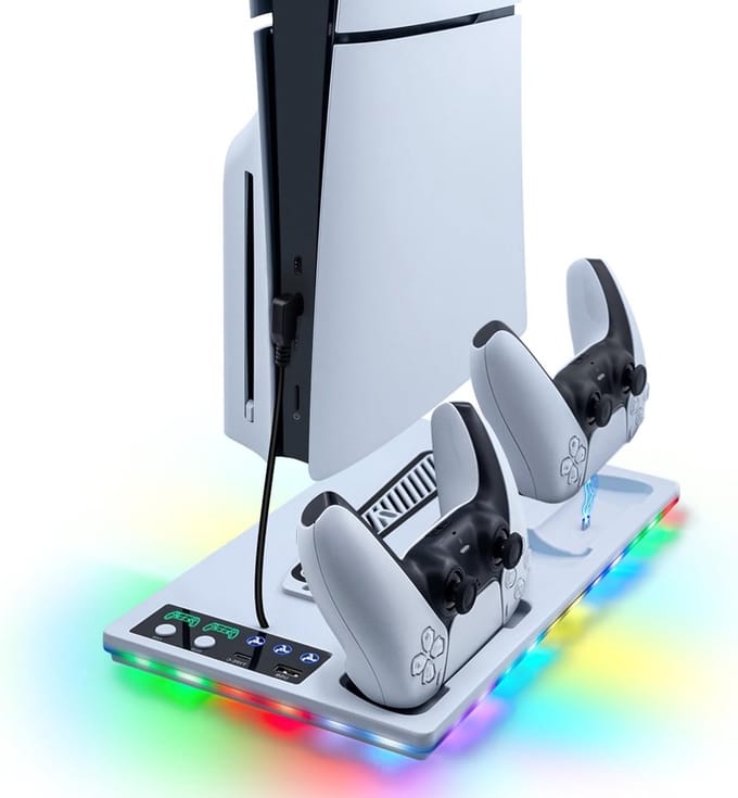 Verticale Houder voor PS5/PS5 Slim/PS5 Pro met Koelventilatoren, RGB Verlichting, Controller Oplader en USB Poort voor Optimale Gamingervaring