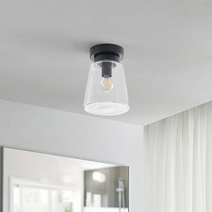 Lindby - Plafondlamp badkamer - 1licht - Staal, glas - H: 19 cm - E14 - zwart mat