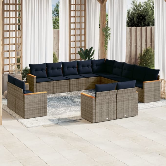 vidaXL - 13-delige - tuinbankset - met - kussens, - grijs - polyrotan