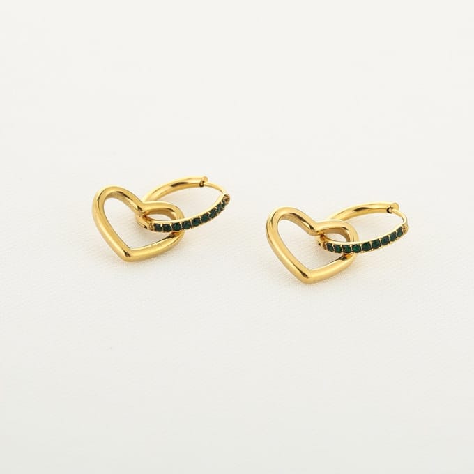 Oorbellen LOVE goud met groene steentjes
