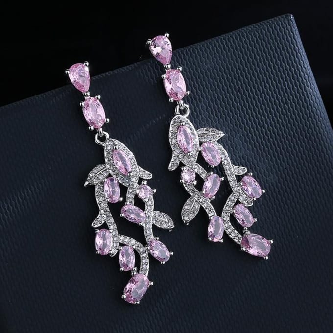 Nouvelles Boucles d'Oreilles Longues Zircon Rose Feuille Japonaises et Coréennes pour Soirée black