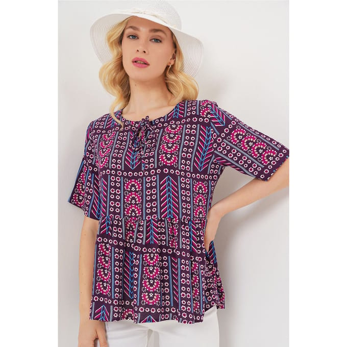 Patroon Blouse met Ronde Hals en Strikdetail