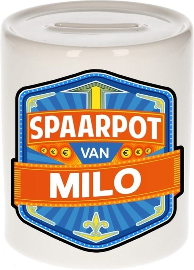 Bellatio Decorations Kinder spaarpot met naam - Milo - keramiek - met dop - wit - Sparen - Spaargeld van Milo