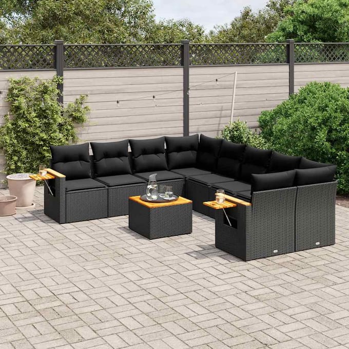 vidaXL - 9-delige - Loungeset - met - kussens - poly - rattan - zwart