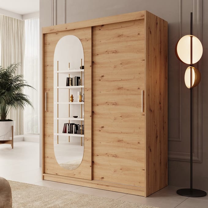 Meubella - Kledingkast Bodhi - Eiken - 150 cm - Met spiegel