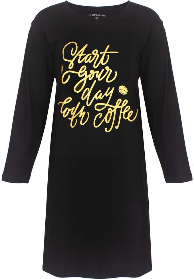 Temptation Dames Nachthemd - Bigshirt - Katoen - Zwart - Maat S