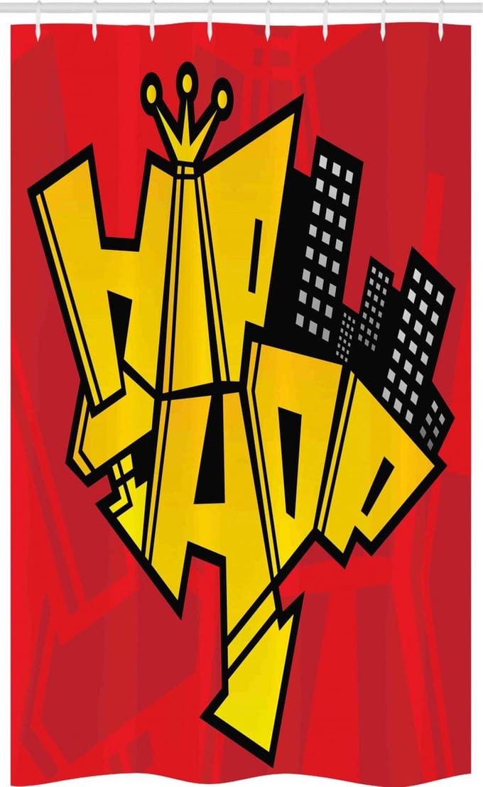 ABAKUHAUS HipHop Smal Douchegordijn, Funky städtische Skyline, Stoffen Badkamerdecoratieset met Haken, 120 x 180 cm, Vermiljoen Geel