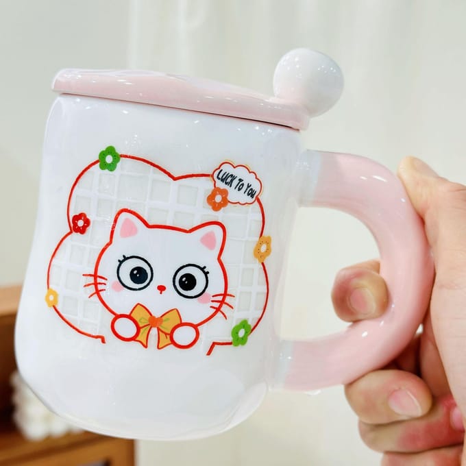Tasse en céramique avec aimant de Noël, motif chat, design mignon, grande capacité 480ML beige